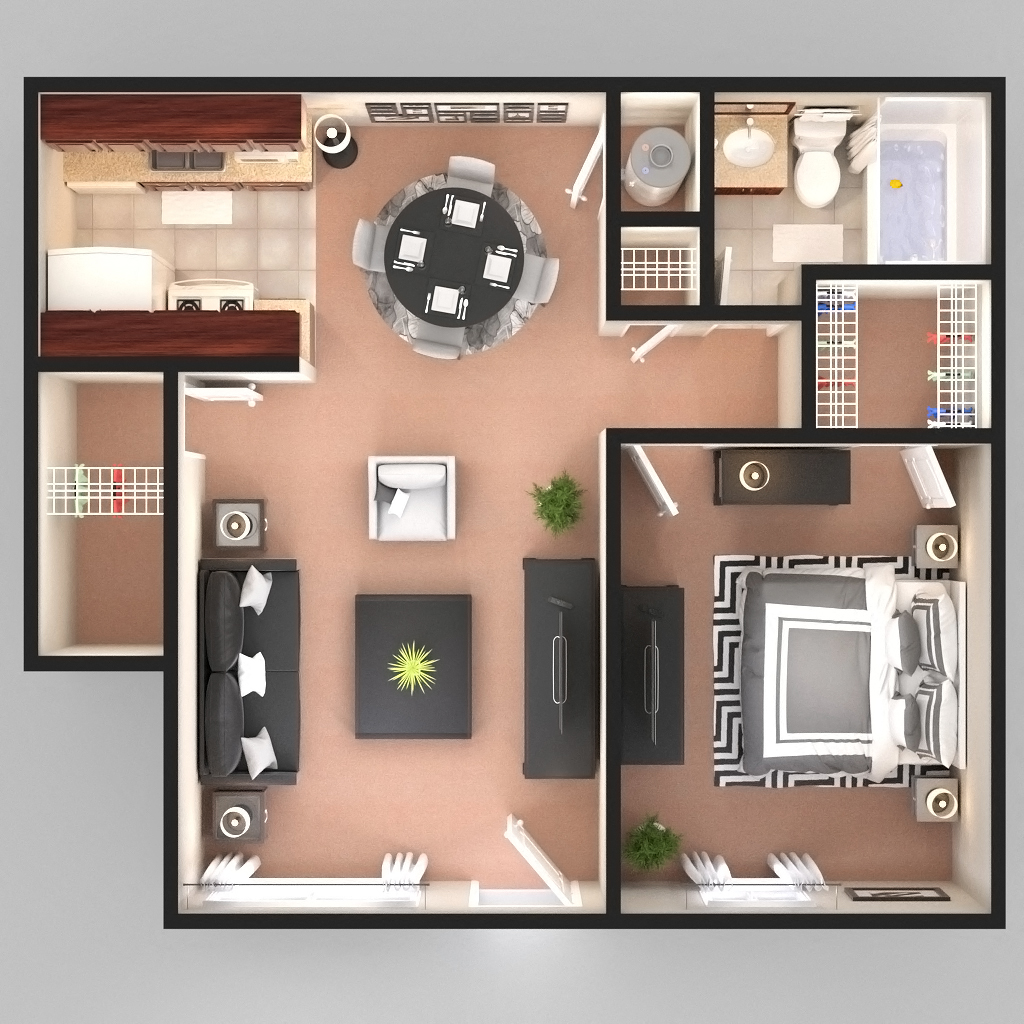 Floor plan for 1 bed, 1 bath, 725 sqft